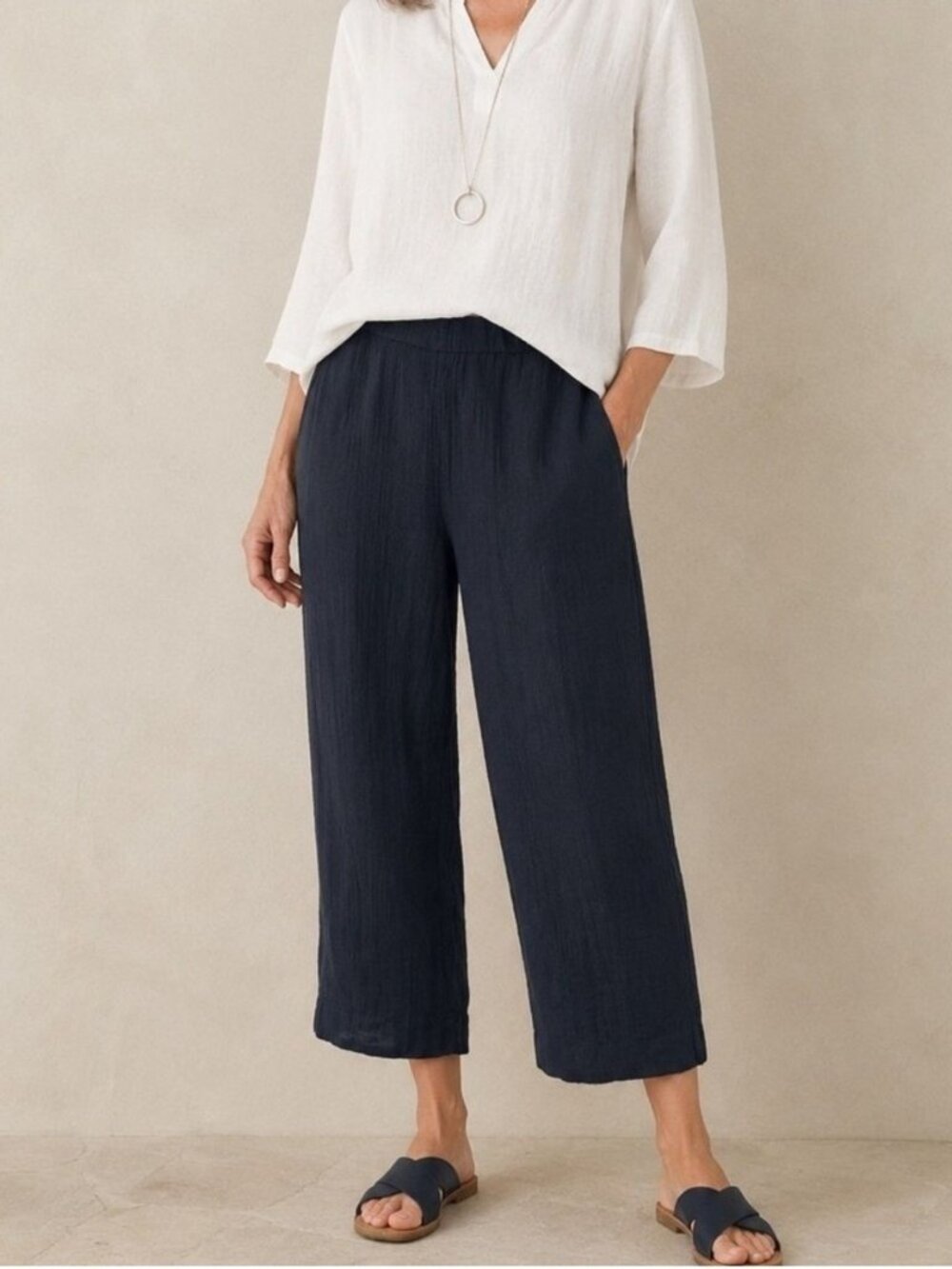 J Jill Womens Cotton Gauze Wide Leg Cropped Pants XL Navy Blue Crinkle Pull On